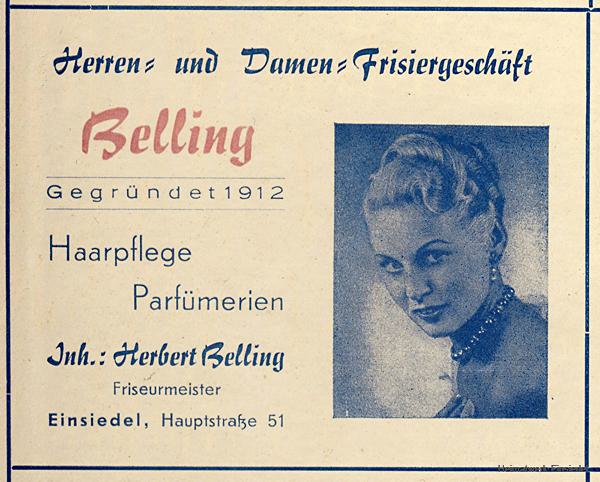 Werbeanzeige Friseur Belling, Einsiedel 1956
