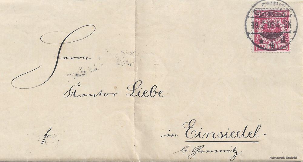 Brief an Kantor Liebe in Einsiedel 1898