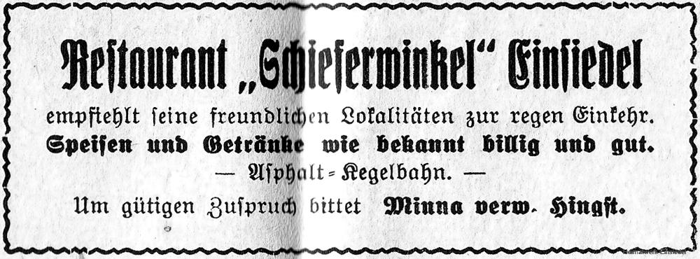 Annonce Restaurant Schieferwinkel im Einsiedel 1935