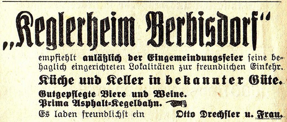 Annonce Keglerheim Berbisdorf im Einsiedler Wochenblatt 1935