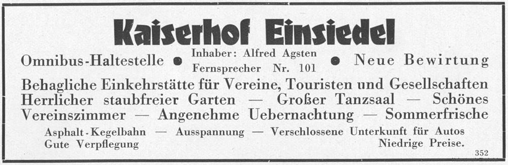Annonce Kaiserhof Einsiedel 1928