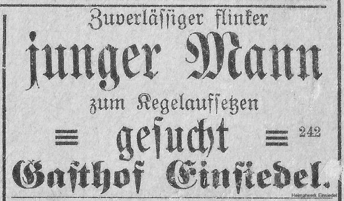 Kegelaufsetzer 1916 im Gasthof Einsiedel gesucht