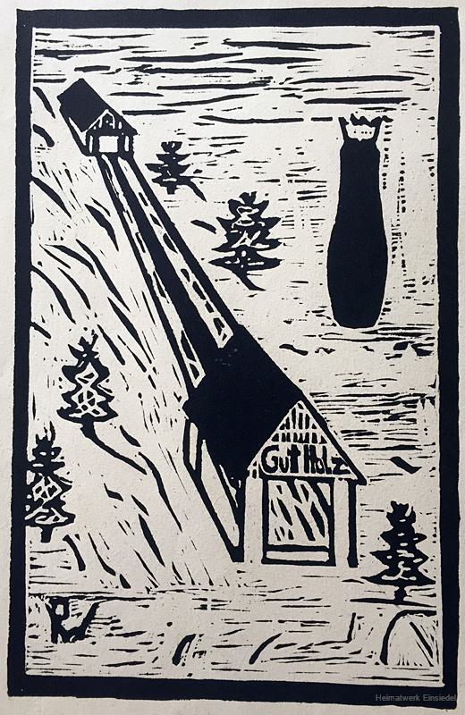Linolschnitt Kegelbahn im Wald hinter der Waldklause Einsiedel