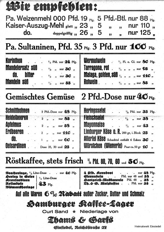 Werbeofferte Thams & Garfs Curt Sand in Einsiedel in den 1930er Jahren