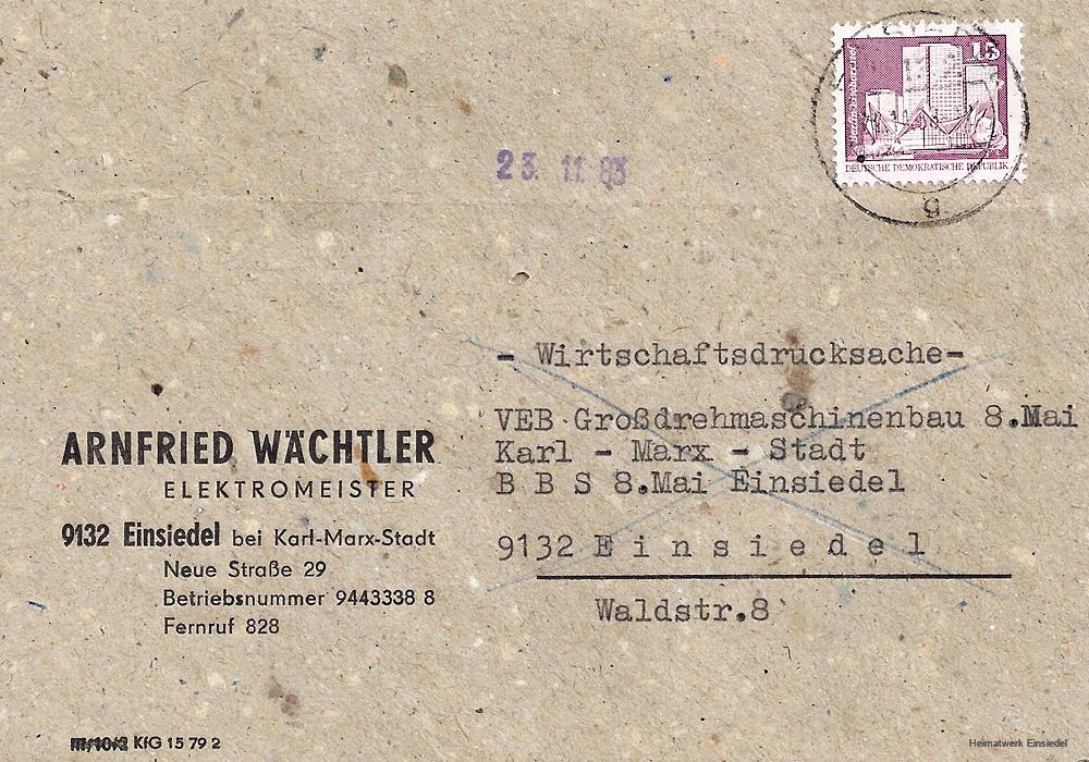 Briefumschlag Elektromeister Arnfried Wächtler, Einsiedel, 1983