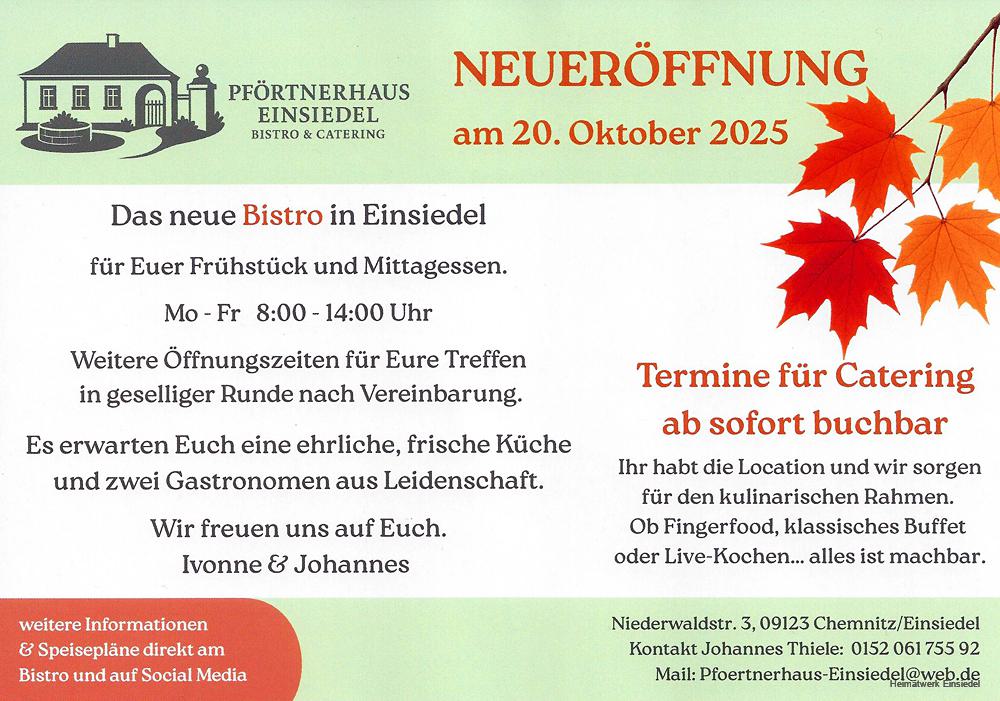 Neueröffnung Bistro "Pförtnerhaus Einsiedel"