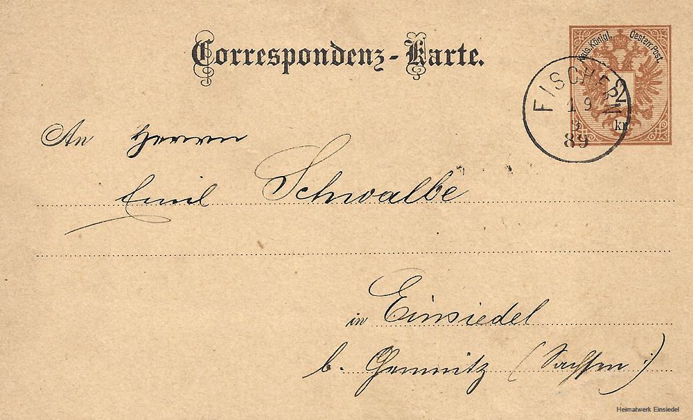 "Correspondenz-Karte" an Emil Schwalbe, 1889
