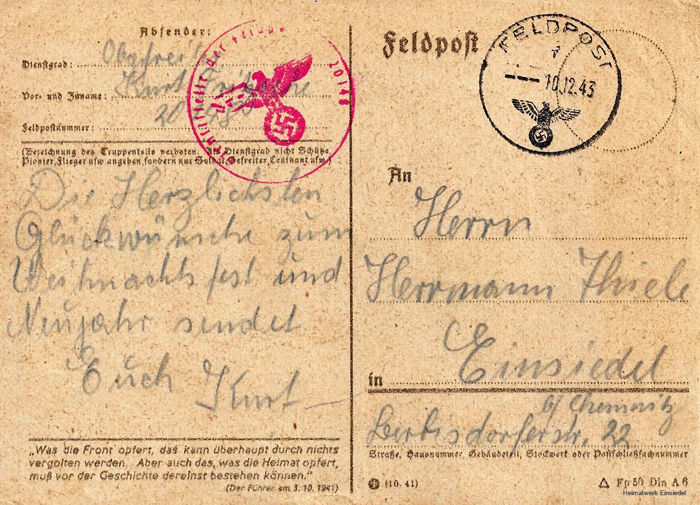 Feldpost nach Einsiedel 1943