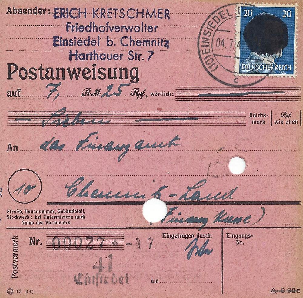Postanweisung mit „Sächsischer Schwärzung", Einsiedel 1945