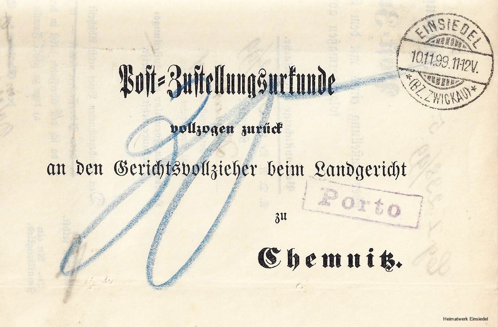 Post-Zustellungsurkunde, Einsiedel, 1899