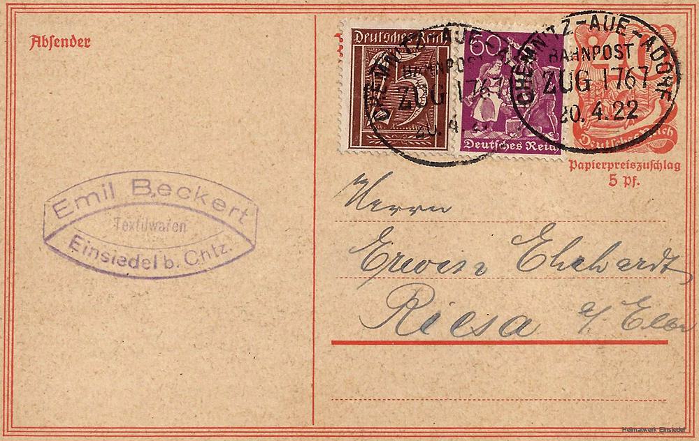 Bahnpost, Einsiedel 1922