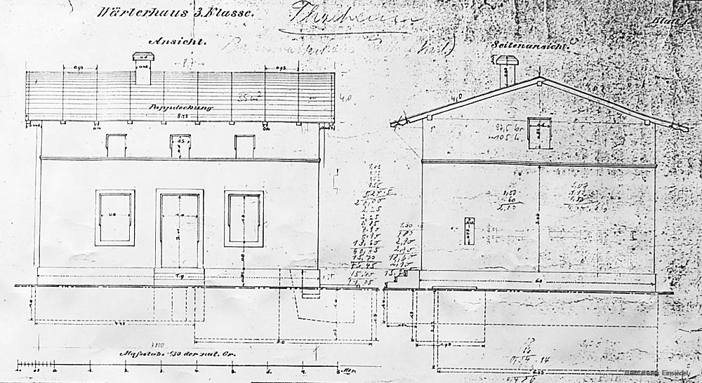 Ausschnitt aus einer Bauzeichnung für ein Schrankenwärterhaus der 3. Klasse